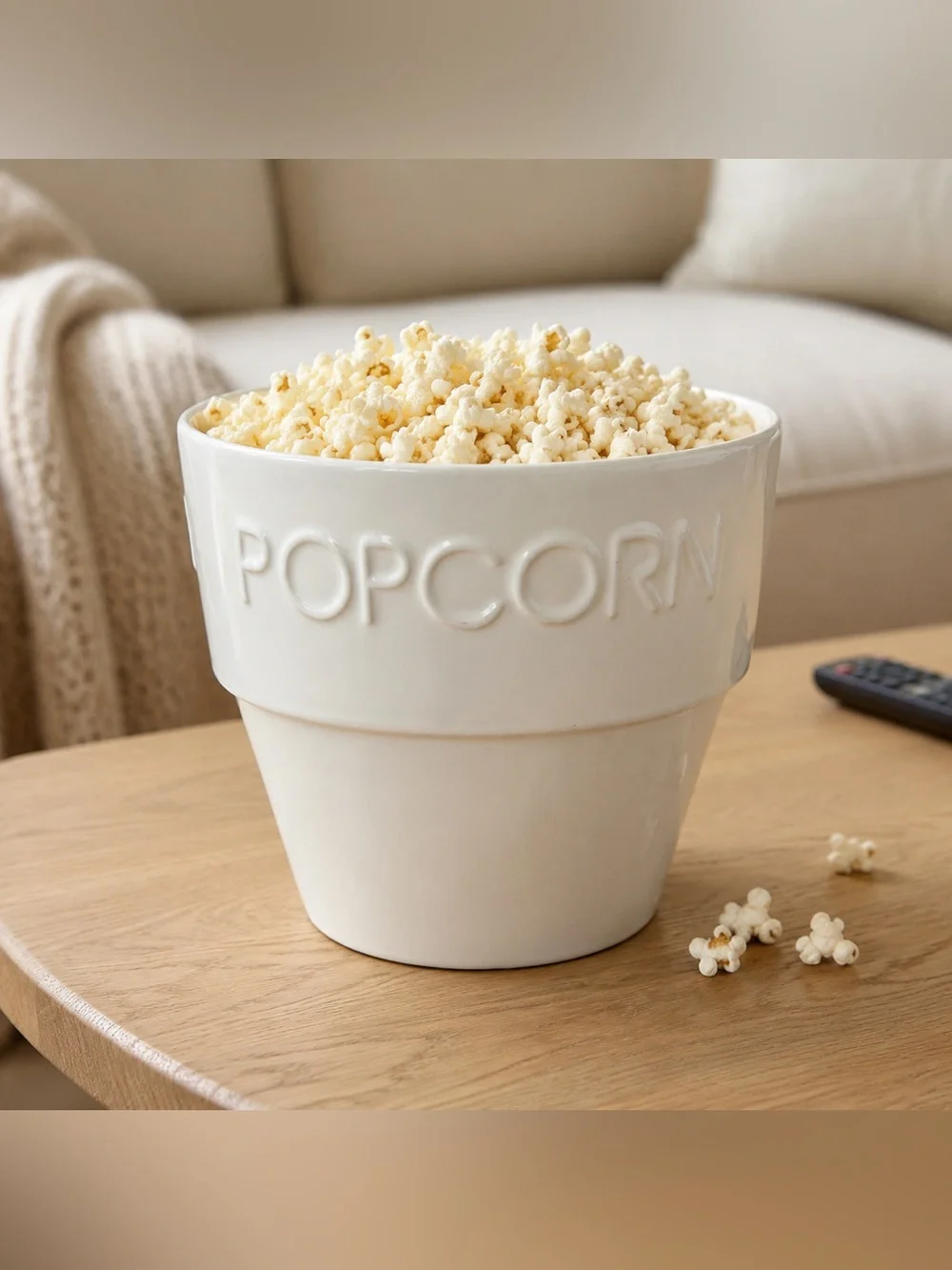 Crate & Barrel Large Popcorn Bowl Cream Ceramic Embossed Portugal Movie Night